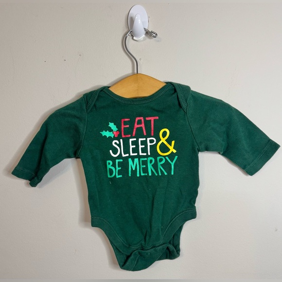 Old Navy | Green Holiday Eat Sleep & Be Merry Long Sleeve Onesie | 0-3 Months - Picture 1 of 5